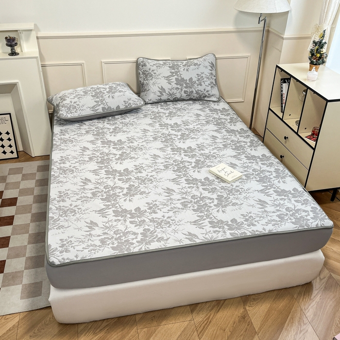 91家纺网 家纺一手货源 找家纺 宜代光年 2025新款冷凝丝可水洗提花凉感席 床笠-凉感繁花-灰