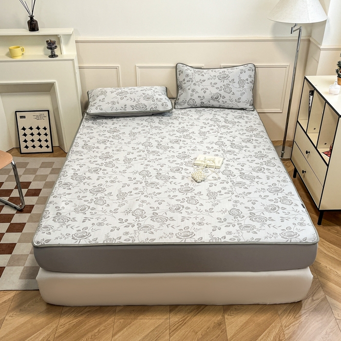 91家纺网 家纺一手货源 找家纺 宜代光年 2025新款冷凝丝可水洗提花凉感席 床笠-凉感陌上花开-灰