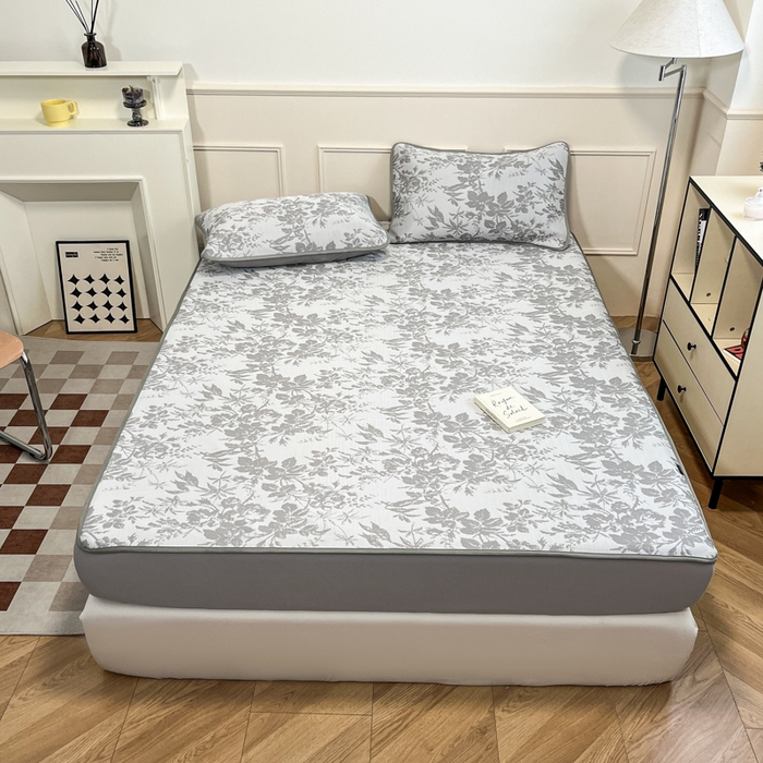 91家纺网 家纺一手货源 找家纺 宜代光年 2025新款冷凝丝可水洗提花凉感席 床笠-凉感繁花-灰