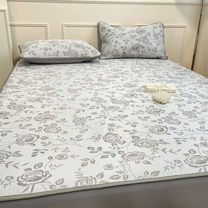 91家纺网 家纺一手货源 找家纺 宜代光年 2025新款冷凝丝可水洗提花凉感席 床笠-凉感陌上花开-灰