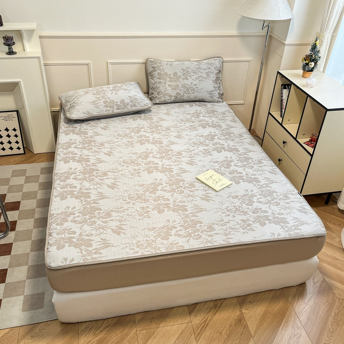 91家纺网 家纺一手货源 找家纺 宜代光年 2025新款冷凝丝可水洗提花凉感席 床笠-凉感繁花-咖