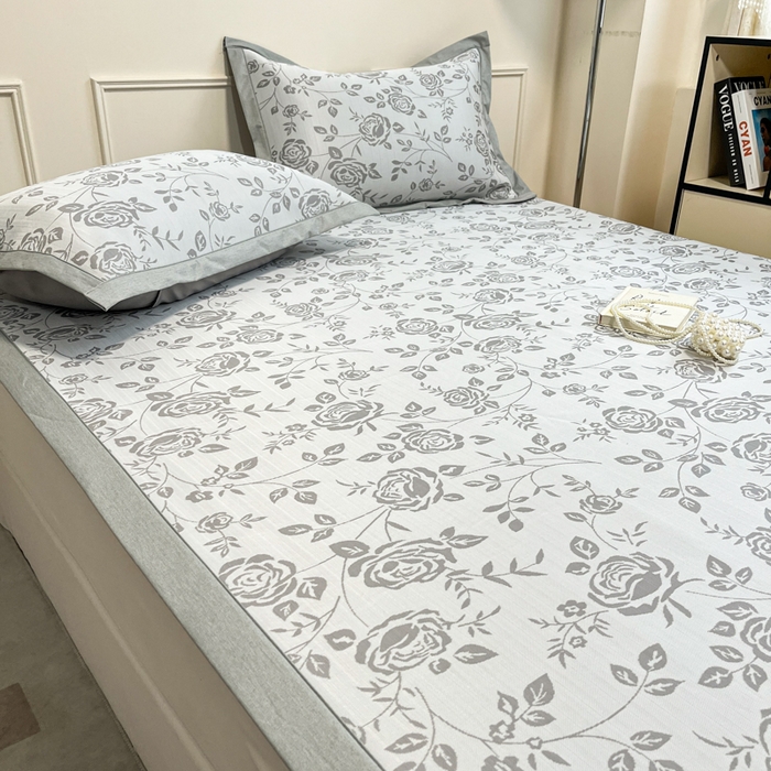 91家纺网 家纺一手货源 找家纺 宜代光年 2025新款冷凝丝可水洗提花凉感席 凉感陌上花开-灰