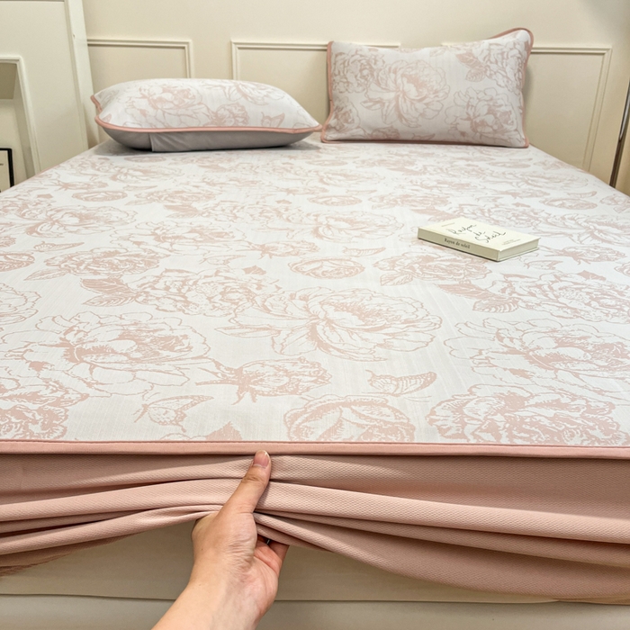 91家纺网 家纺一手货源 找家纺 宜代光年 2025新款冷凝丝可水洗提花凉感席 床笠-凉感牡丹-粉