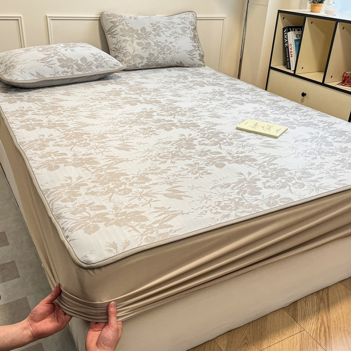 91家纺网 家纺一手货源 找家纺 宜代光年 2025新款冷凝丝可水洗提花凉感席 床笠-凉感繁花-咖