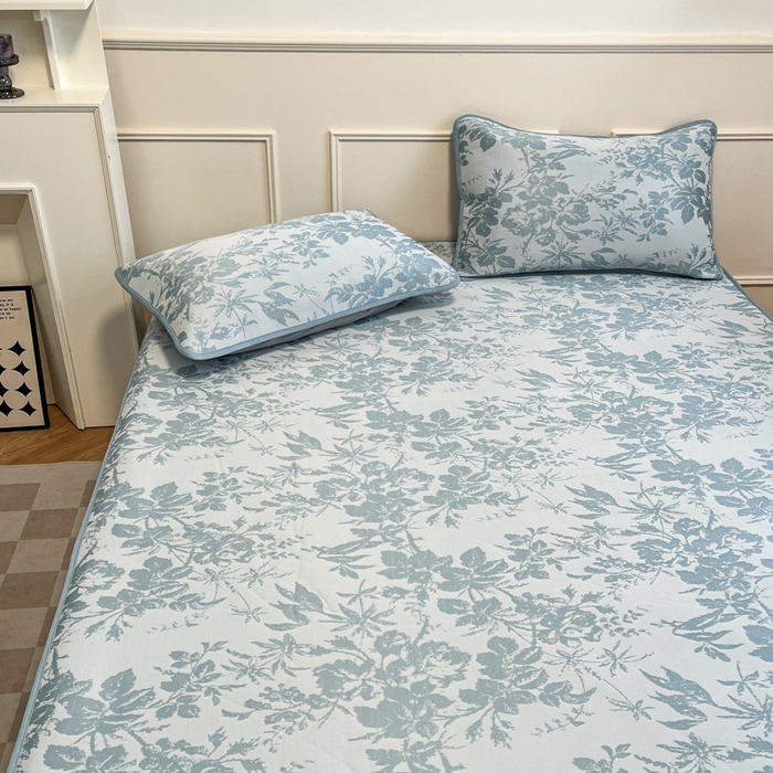 91家纺网 家纺一手货源 找家纺 宜代光年 2025新款冷凝丝可水洗提花凉感席 床笠-凉感繁花-蓝