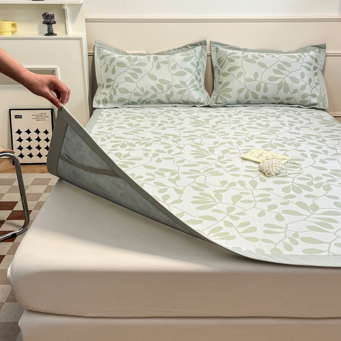 91家纺网 家纺一手货源 找家纺 宜代光年 2025新款冷凝丝可水洗提花凉感席 凉感叶繁-绿