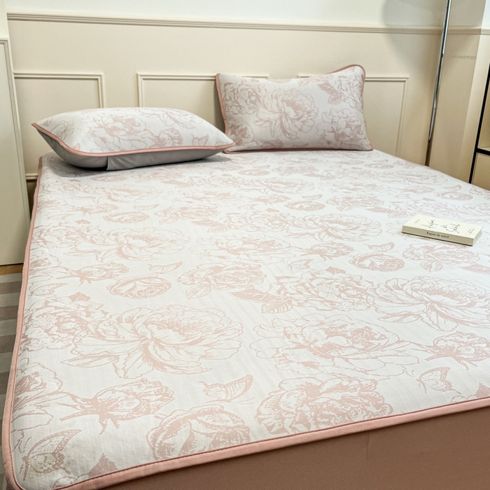 91家纺网 家纺一手货源 找家纺 宜代光年 2025新款冷凝丝可水洗提花凉感席 床笠-凉感牡丹-粉