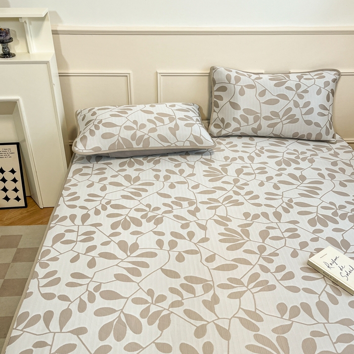 91家纺网 家纺一手货源 找家纺 宜代光年 2025新款冷凝丝可水洗提花凉感席 床笠-凉感叶繁-咖