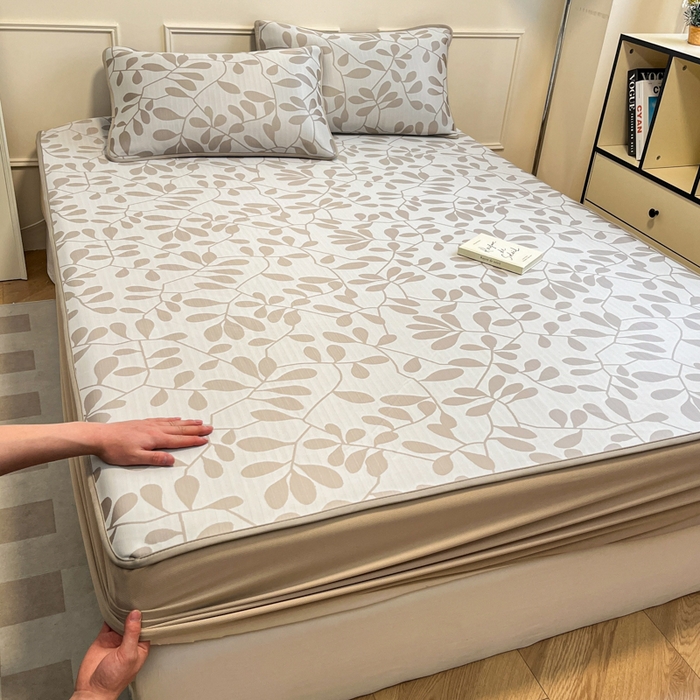 91家纺网 家纺一手货源 找家纺 宜代光年 2025新款冷凝丝可水洗提花凉感席 床笠-凉感叶繁-咖