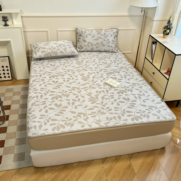 91家纺网 家纺一手货源 找家纺 宜代光年 2025新款冷凝丝可水洗提花凉感席 床笠-凉感叶繁-咖