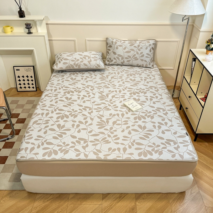 91家纺网 家纺一手货源 找家纺 宜代光年 2025新款冷凝丝可水洗提花凉感席 床笠-凉感叶繁-咖