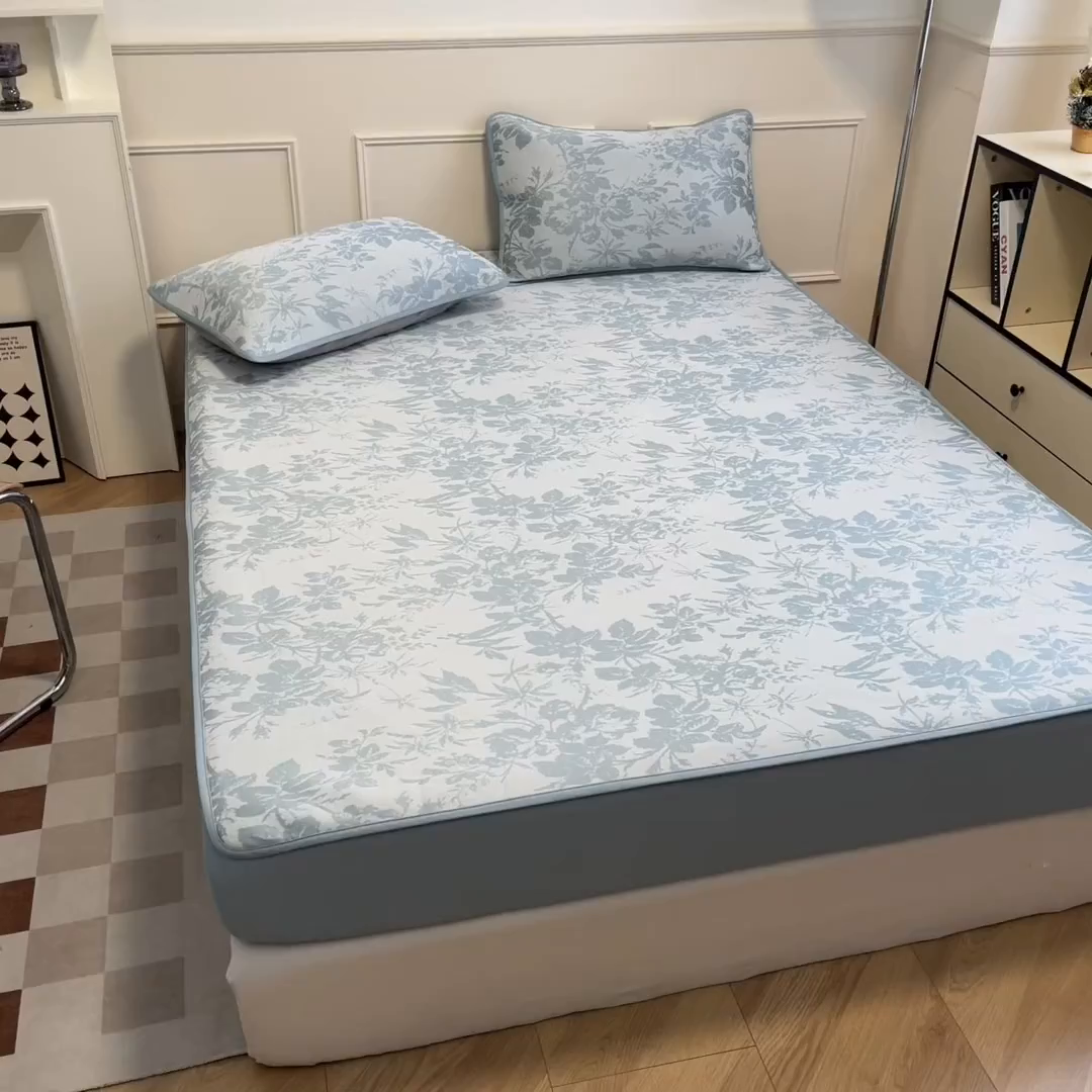 91家纺网 家纺一手货源 找家纺 宜代光年 2025新款冷凝丝可水洗提花凉感席 床笠-凉感繁花-蓝