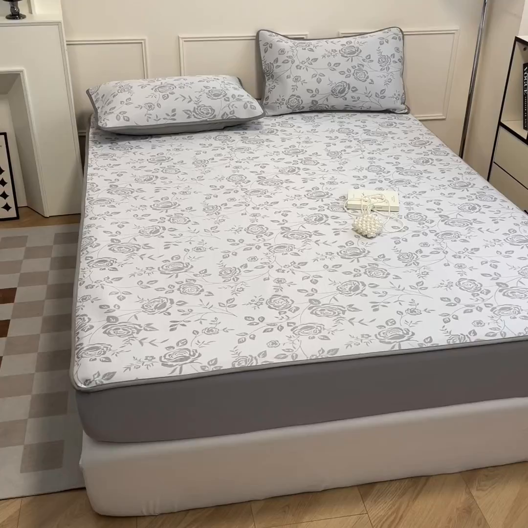 91家纺网 家纺一手货源 找家纺 宜代光年 2025新款冷凝丝可水洗提花凉感席 床笠-凉感陌上花开-灰