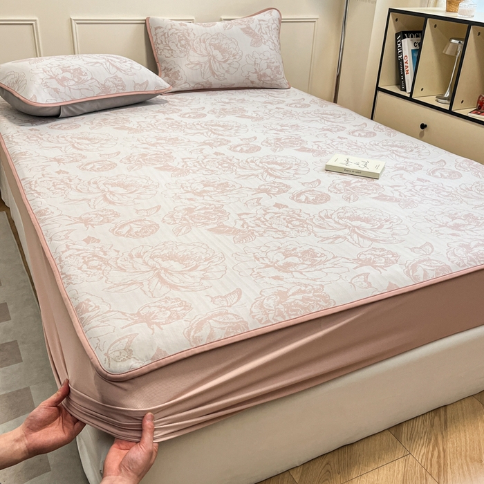 91家纺网 家纺一手货源 找家纺 宜代光年 2025新款冷凝丝可水洗提花凉感席 床笠-凉感牡丹-粉