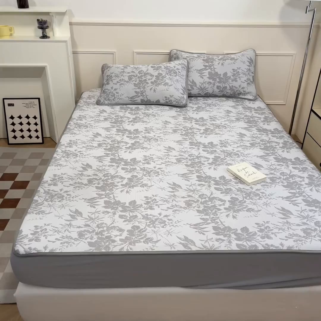 91家纺网 家纺一手货源 找家纺 宜代光年 2025新款冷凝丝可水洗提花凉感席 床笠-凉感繁花-灰