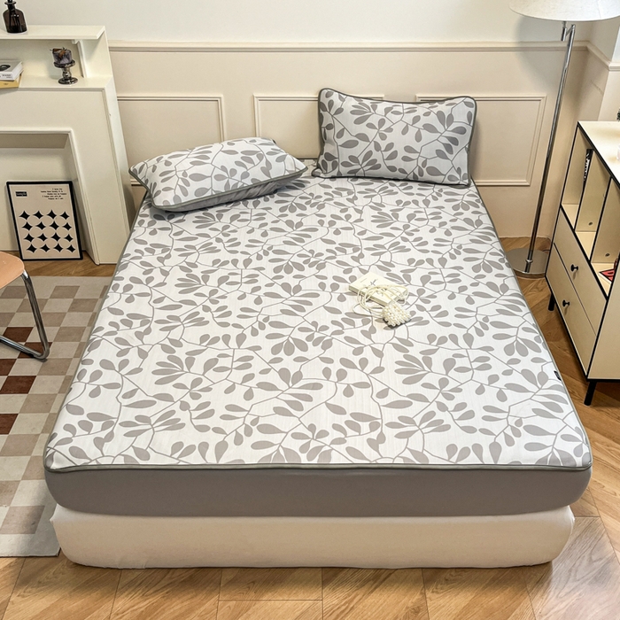 91家纺网 家纺一手货源 找家纺 宜代光年 2025新款冷凝丝可水洗提花凉感席 床笠-凉感叶繁-灰