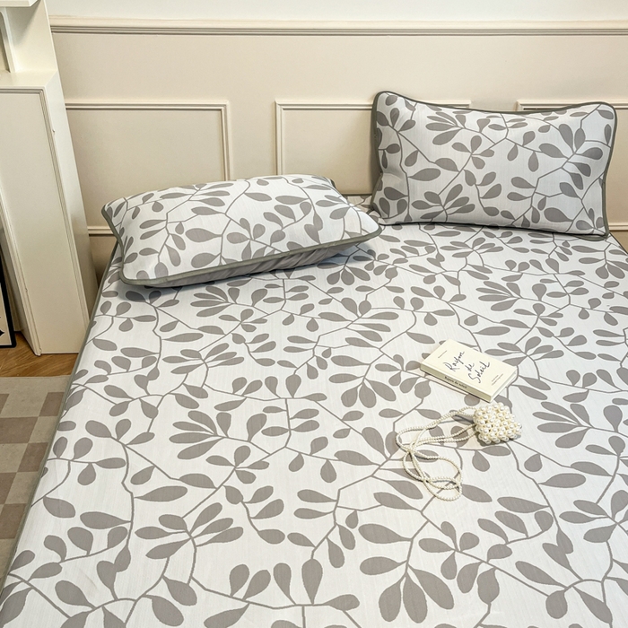 91家纺网 家纺一手货源 找家纺 宜代光年 2025新款冷凝丝可水洗提花凉感席 床笠-凉感叶繁-灰