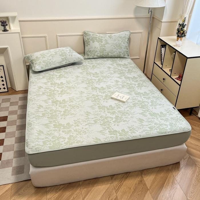 91家纺网 家纺一手货源 找家纺 宜代光年 2025新款冷凝丝可水洗提花凉感席 床笠-凉感繁花-绿