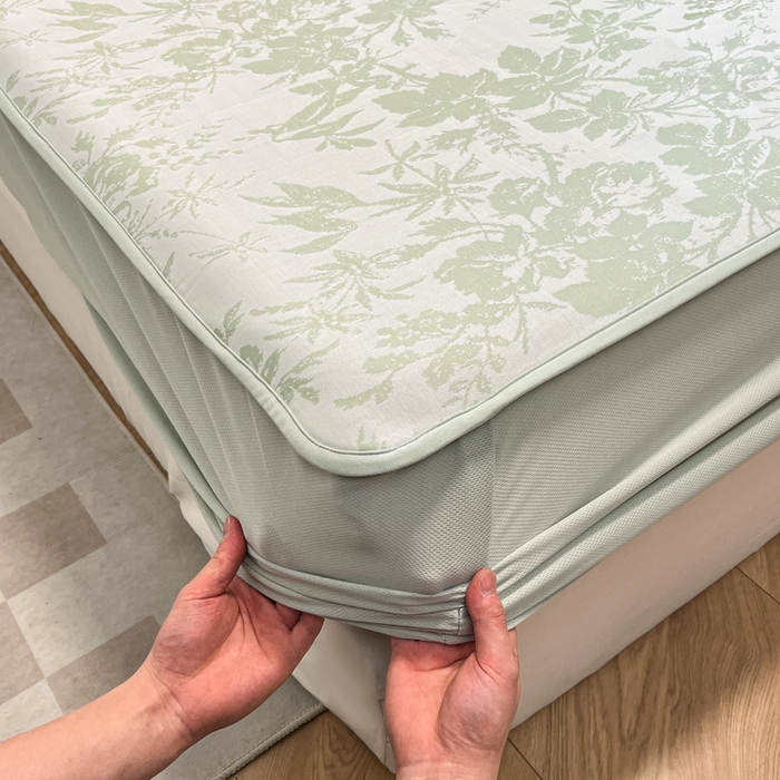 91家纺网 家纺一手货源 找家纺 宜代光年 2025新款冷凝丝可水洗提花凉感席 床笠-凉感繁花-绿