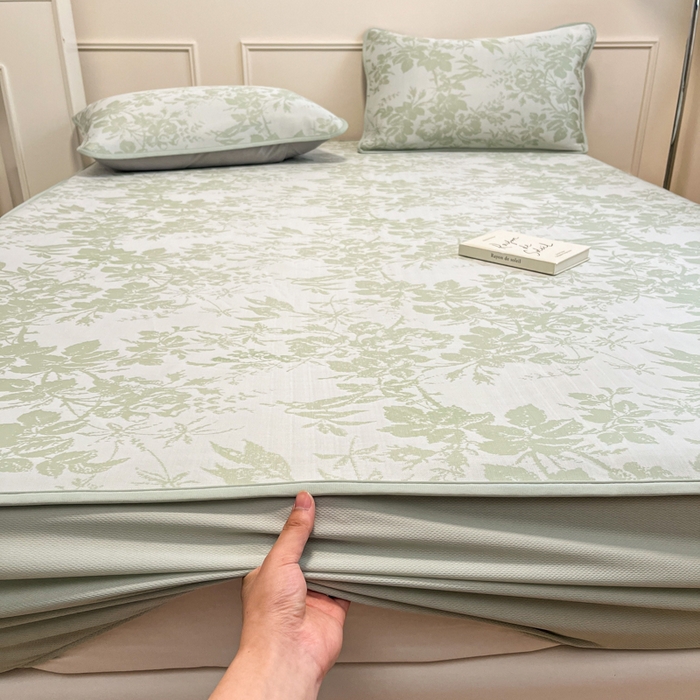 91家纺网 家纺一手货源 找家纺 宜代光年 2025新款冷凝丝可水洗提花凉感席 床笠-凉感繁花-绿