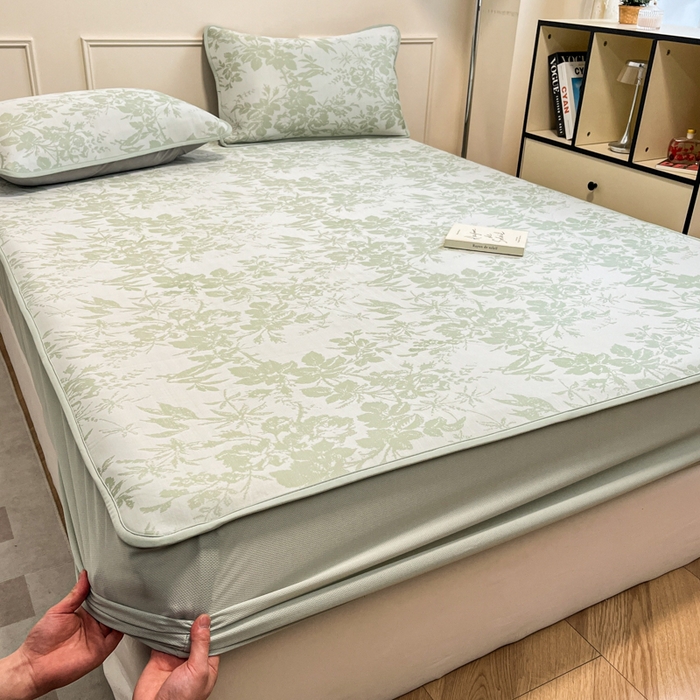 91家纺网 家纺一手货源 找家纺 宜代光年 2025新款冷凝丝可水洗提花凉感席 床笠-凉感繁花-绿