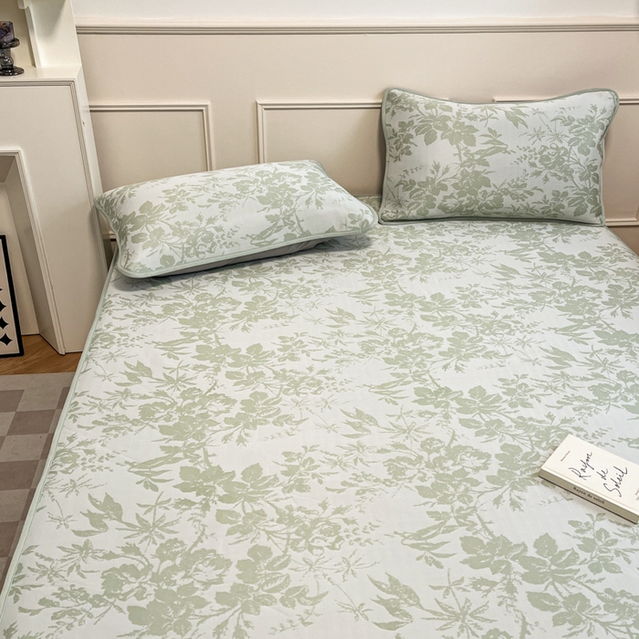 91家纺网 家纺一手货源 找家纺 宜代光年 2025新款冷凝丝可水洗提花凉感席 床笠-凉感繁花-绿