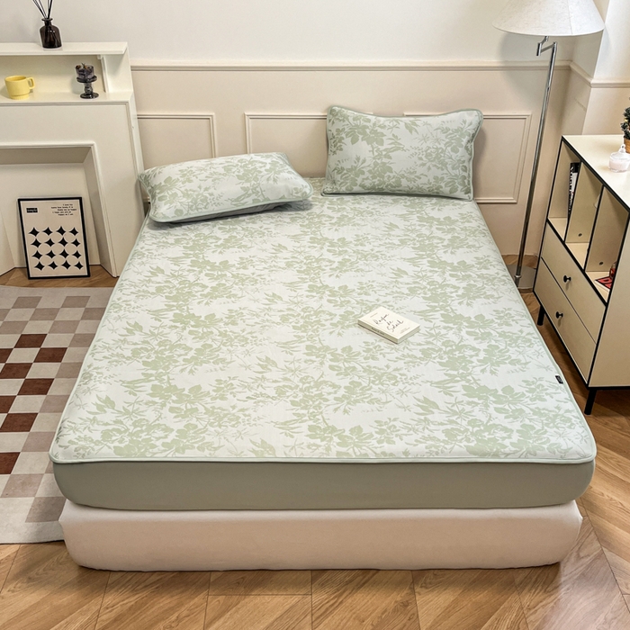 91家纺网 家纺一手货源 找家纺 宜代光年 2025新款冷凝丝可水洗提花凉感席 床笠-凉感繁花-绿