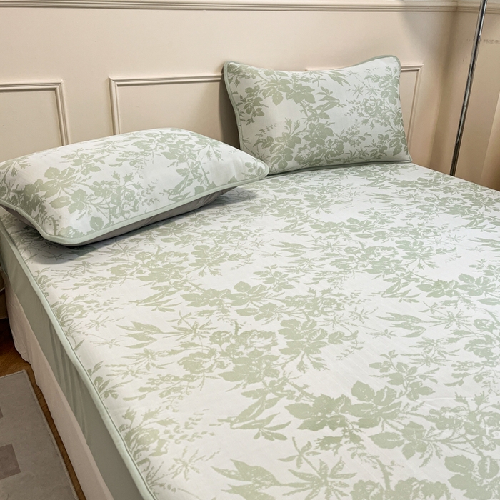 91家纺网 家纺一手货源 找家纺 宜代光年 2025新款冷凝丝可水洗提花凉感席 床笠-凉感繁花-绿