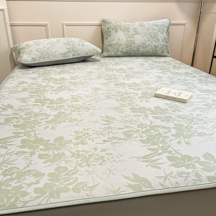 91家纺网 家纺一手货源 找家纺 宜代光年 2025新款冷凝丝可水洗提花凉感席 床笠-凉感繁花-绿
