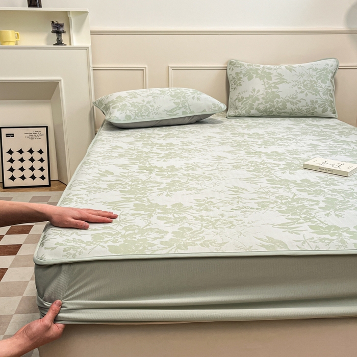 91家纺网 家纺一手货源 找家纺 宜代光年 2025新款冷凝丝可水洗提花凉感席 床笠-凉感繁花-绿