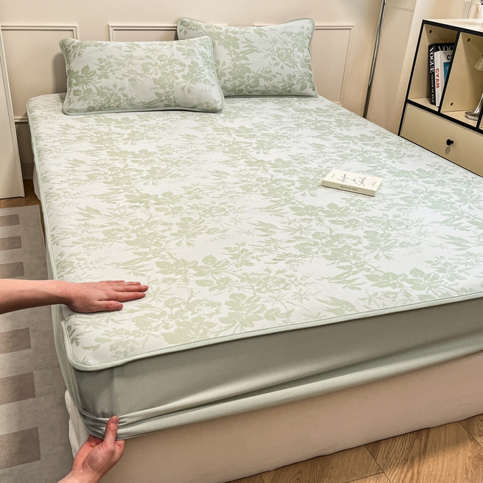 91家纺网 家纺一手货源 找家纺 宜代光年 2025新款冷凝丝可水洗提花凉感席 床笠-凉感繁花-绿