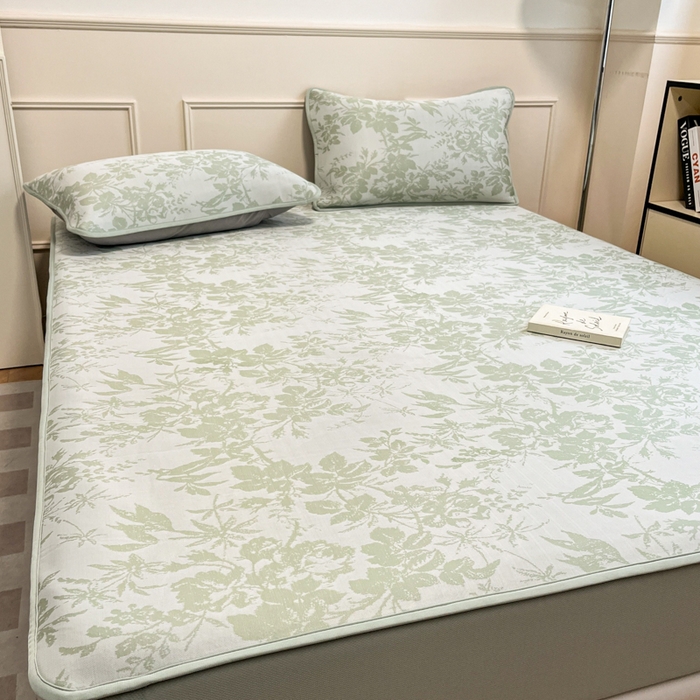 91家纺网 家纺一手货源 找家纺 宜代光年 2025新款冷凝丝可水洗提花凉感席 床笠-凉感繁花-绿