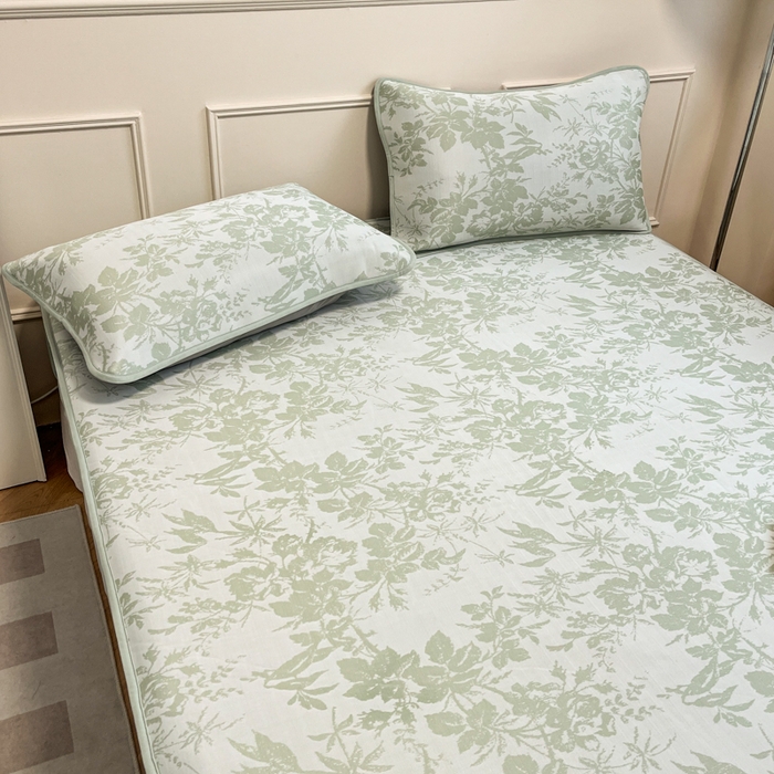 91家纺网 家纺一手货源 找家纺 宜代光年 2025新款冷凝丝可水洗提花凉感席 床笠-凉感繁花-绿