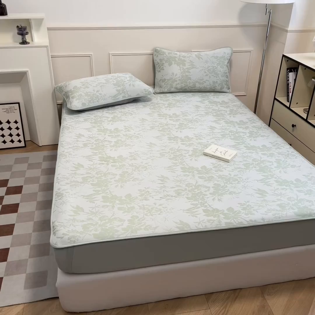 91家纺网 家纺一手货源 找家纺 宜代光年 2025新款冷凝丝可水洗提花凉感席 床笠-凉感繁花-绿