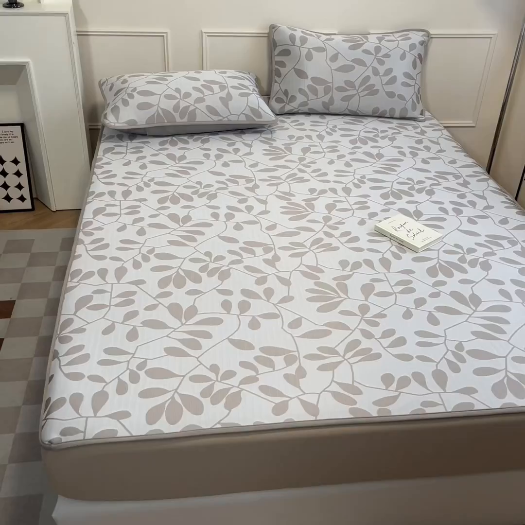 91家纺网 家纺一手货源 找家纺 宜代光年 2025新款冷凝丝可水洗提花凉感席 床笠-凉感叶繁-咖