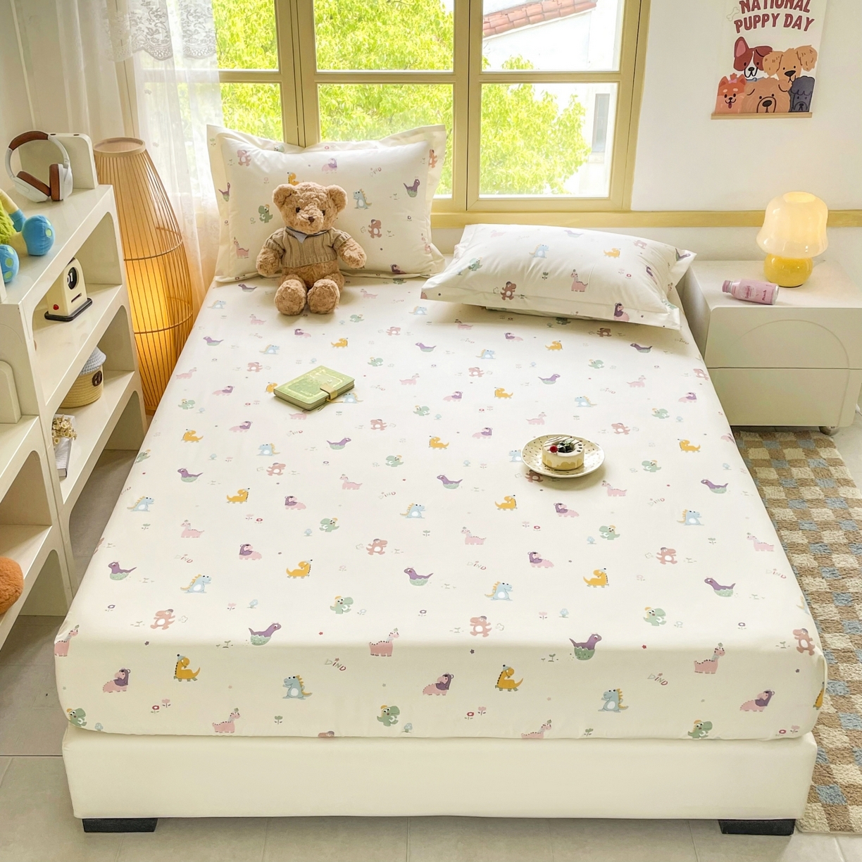 91家纺网 家纺一手货源 找家纺 豪选家纺 2025新款双层纱单层印花床笠 恐龙小世界