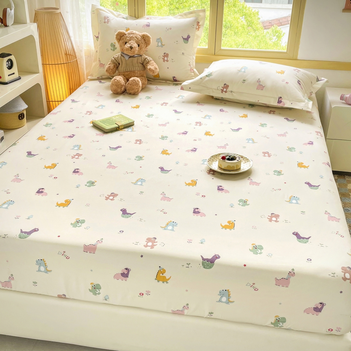 91家纺网 家纺一手货源 找家纺 豪选家纺 2025新款双层纱单层印花床笠 恐龙小世界