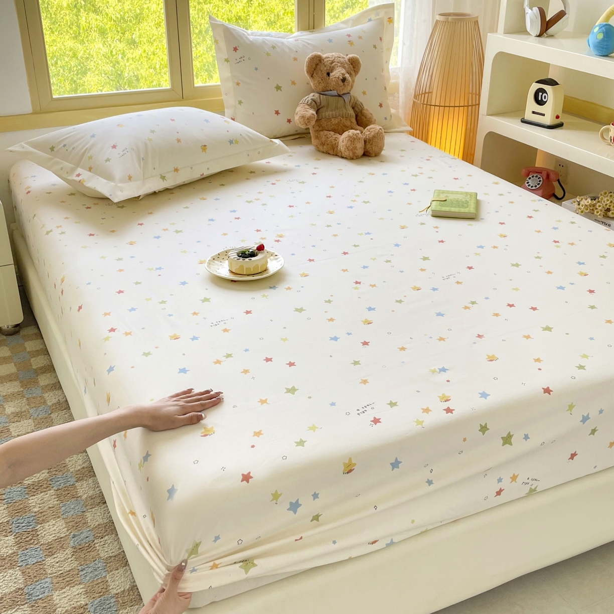 91家纺网 家纺一手货源 找家纺 豪选家纺 2025新款双层纱单层印花床笠 星趣小萌友