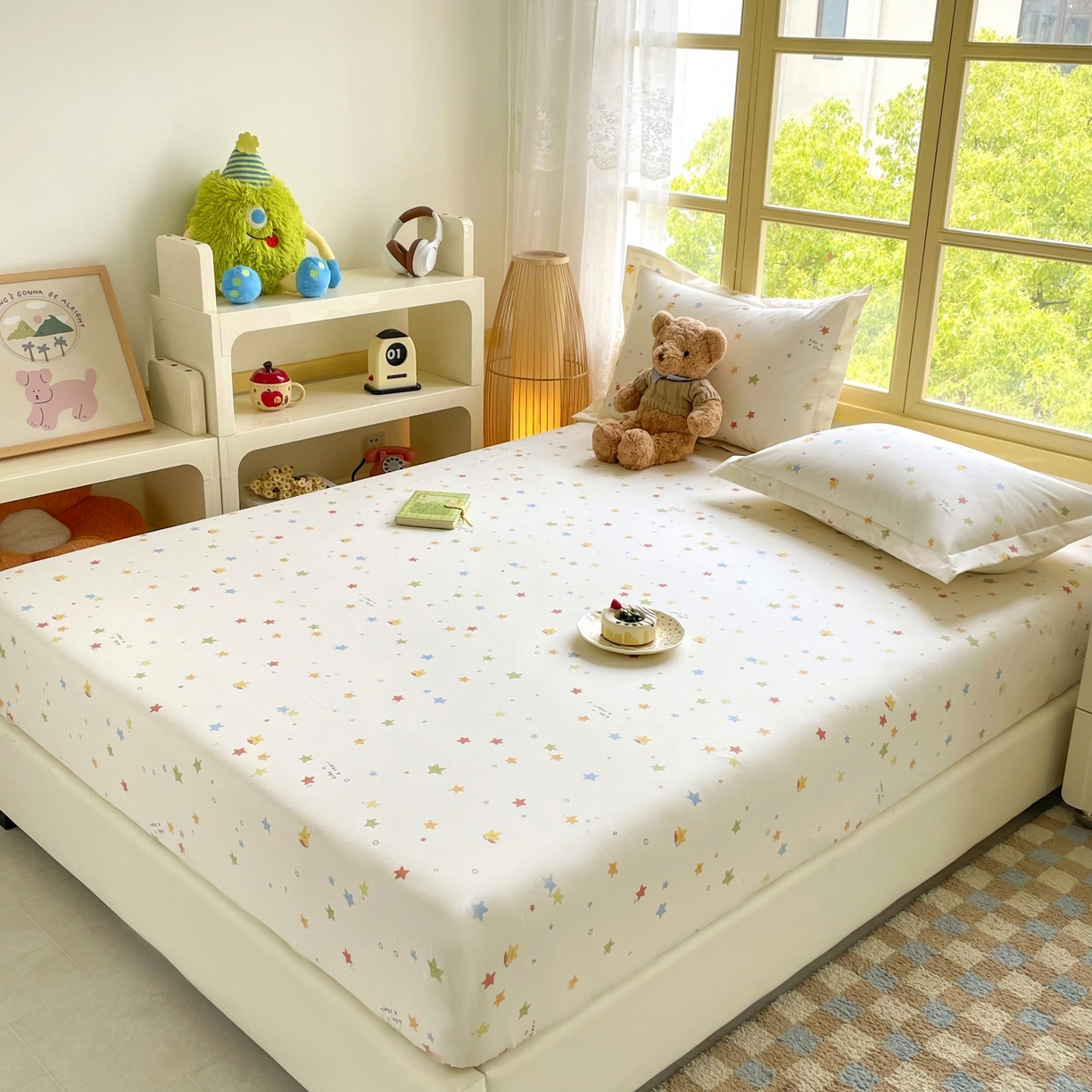 91家纺网 家纺一手货源 找家纺 豪选家纺 2025新款双层纱单层印花床笠 星趣小萌友