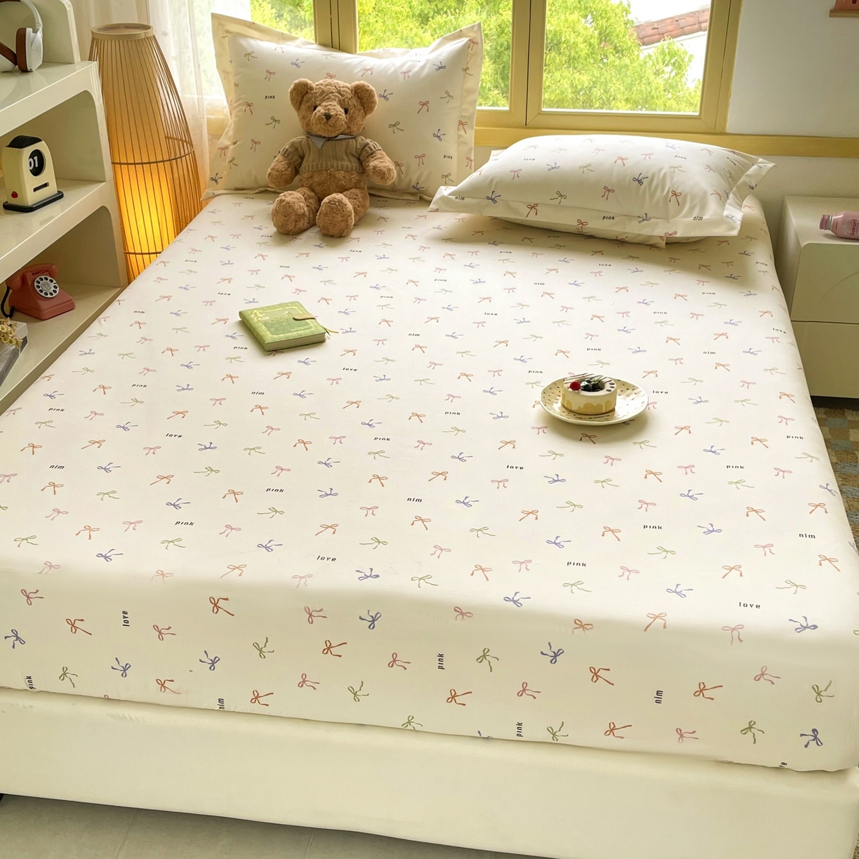 91家纺网 家纺一手货源 找家纺 豪选家纺 2025新款双层纱单层印花床笠 七彩蝴蝶结