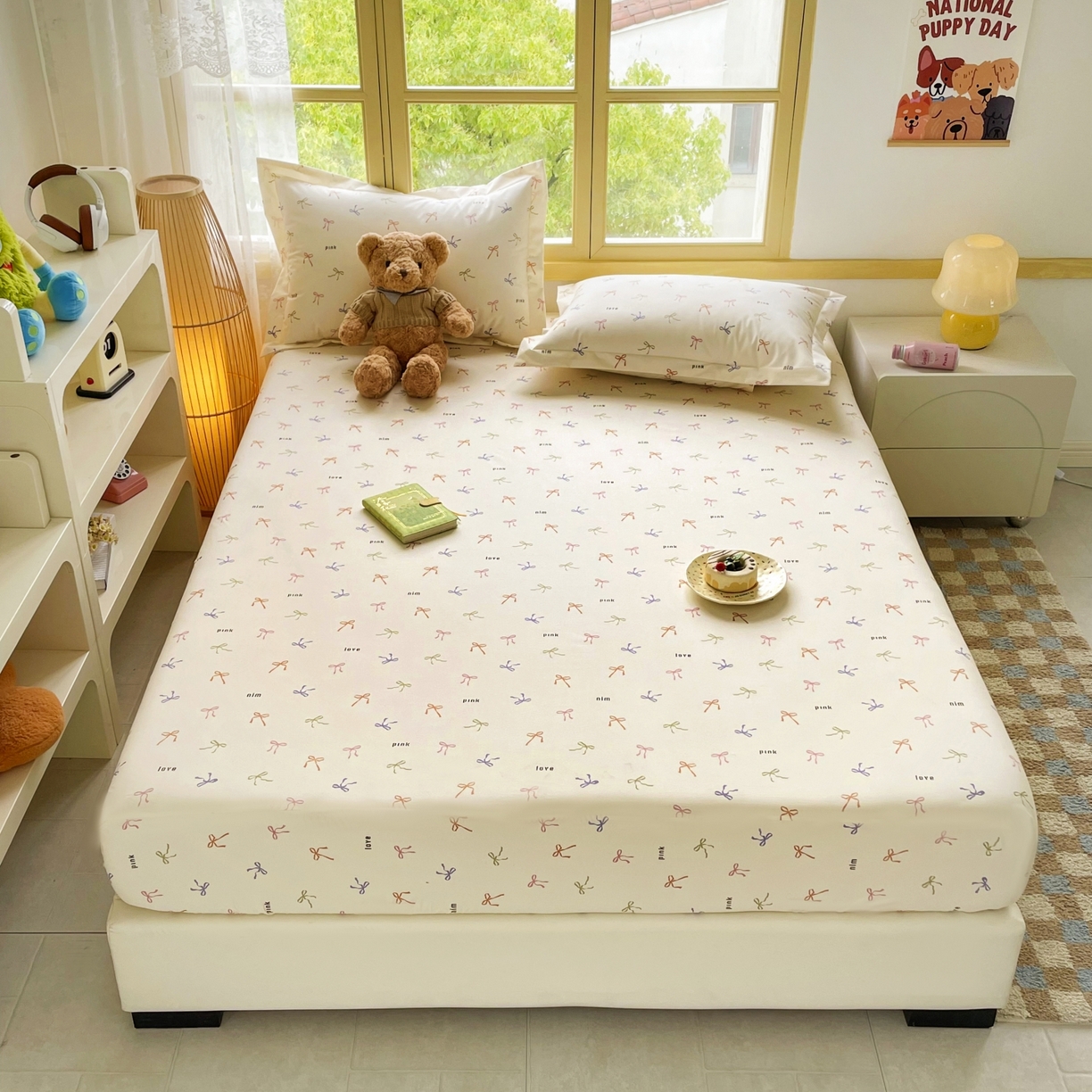 91家纺网 家纺一手货源 找家纺 豪选家纺 2025新款双层纱单层印花床笠 七彩蝴蝶结