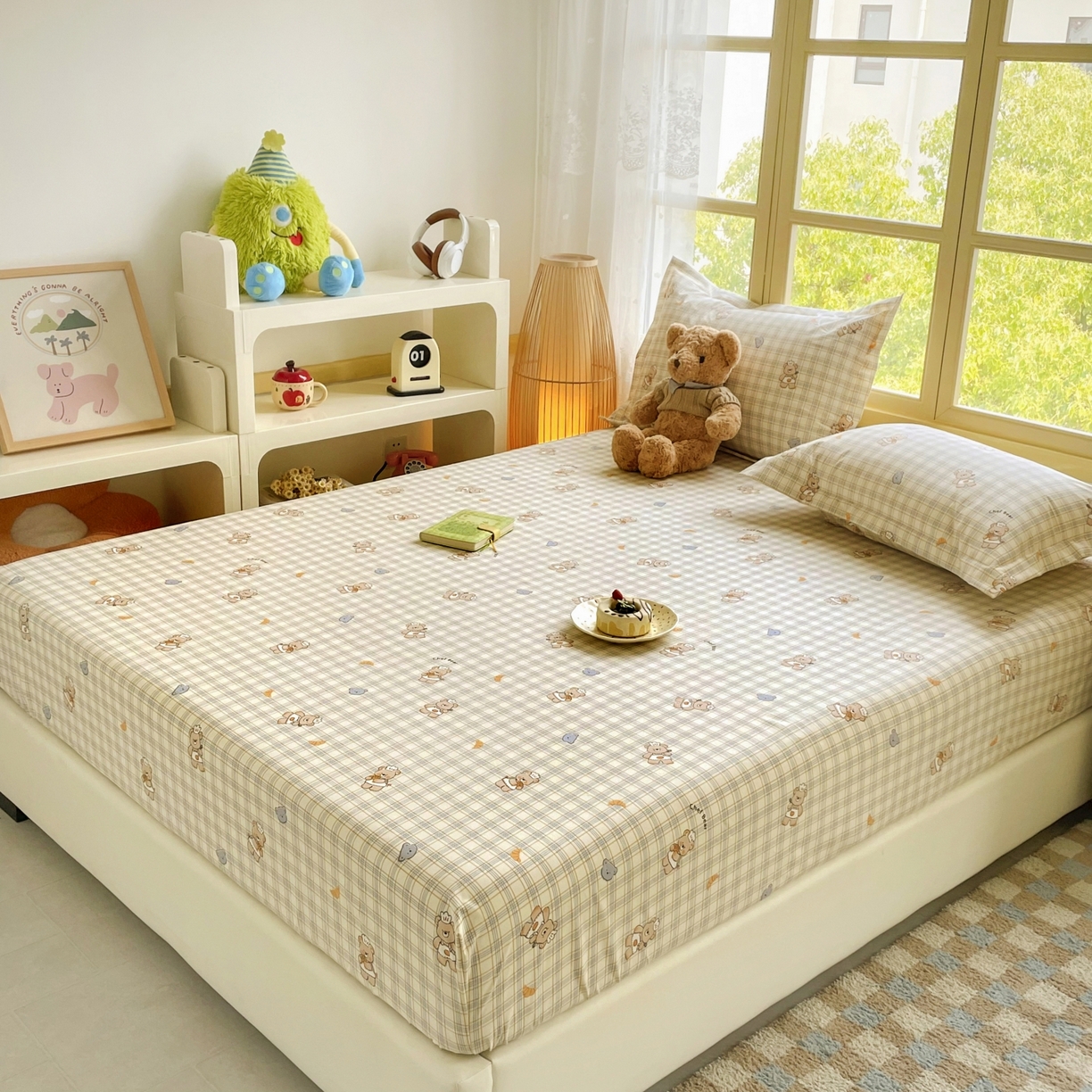 91家纺网 家纺一手货源 找家纺 豪选家纺 2025新款双层纱单层印花床笠 萌动可爱熊