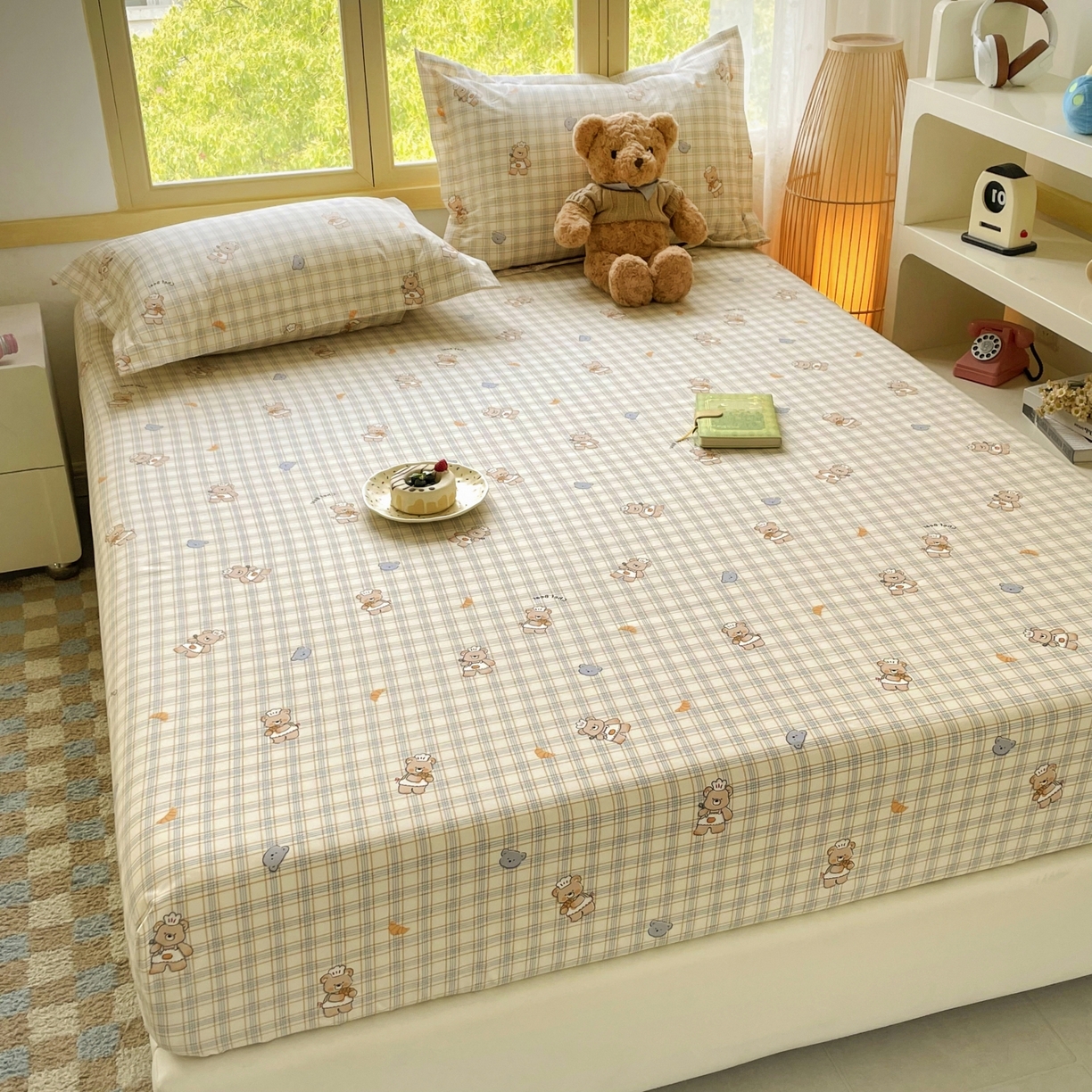 91家纺网 家纺一手货源 找家纺 豪选家纺 2025新款双层纱单层印花床笠 萌动可爱熊