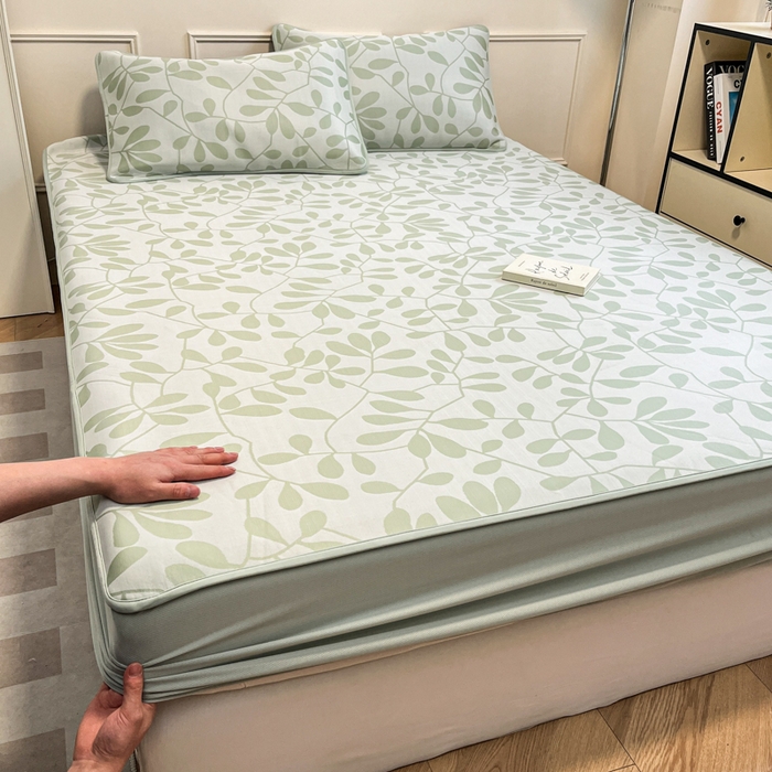 91家纺网 家纺一手货源 找家纺 宜代光年 2025新款冷凝丝可水洗提花凉感席 床笠-凉感叶繁-绿