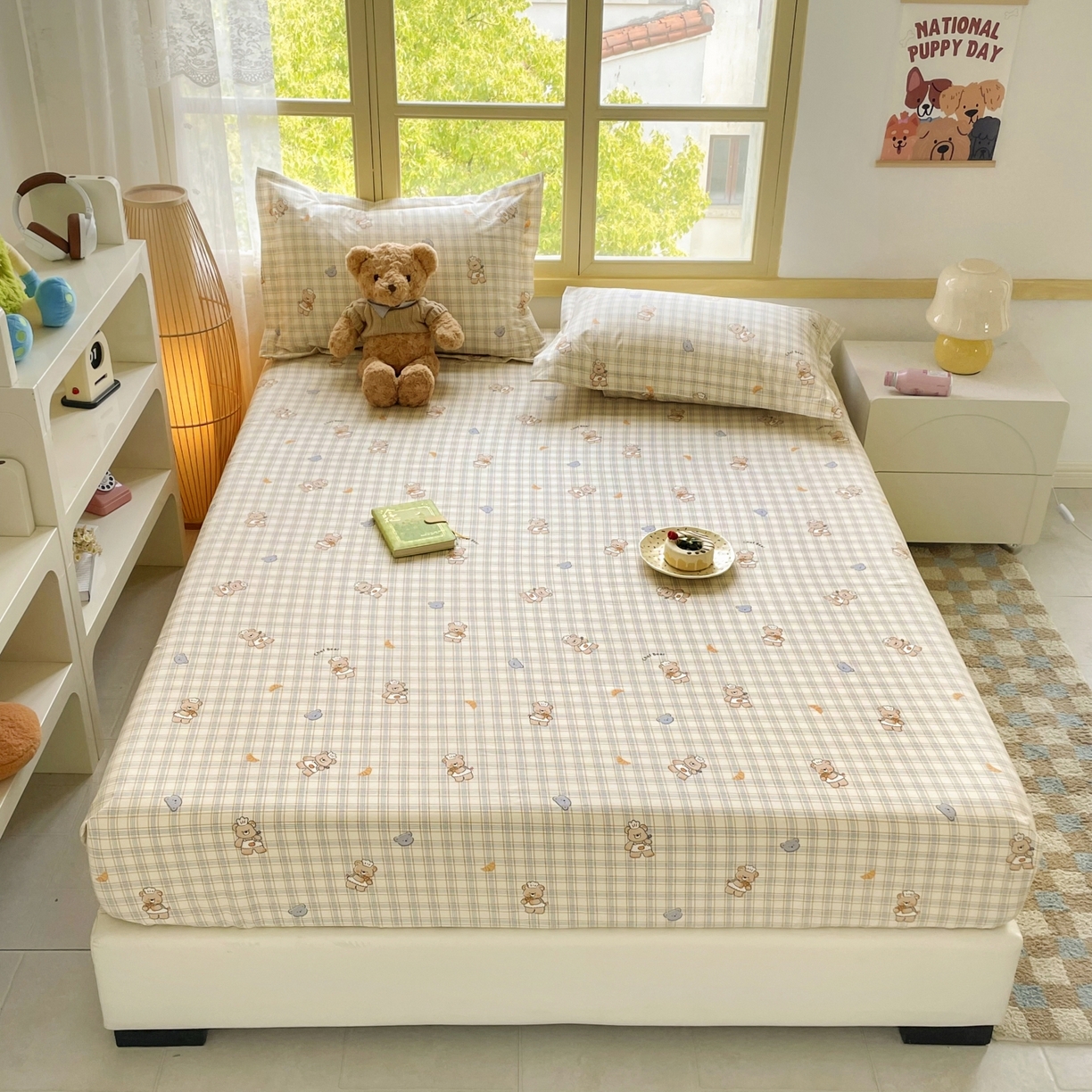 91家纺网 家纺一手货源 找家纺 豪选家纺 2025新款双层纱单层印花床笠 萌动可爱熊