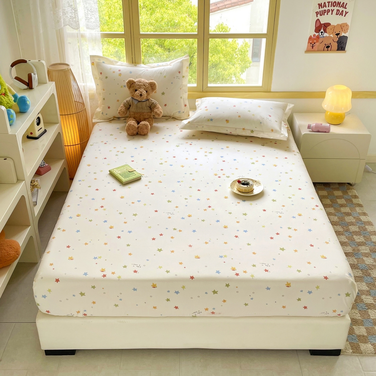 91家纺网 家纺一手货源 找家纺 豪选家纺 2025新款双层纱单层印花床笠 星趣小萌友