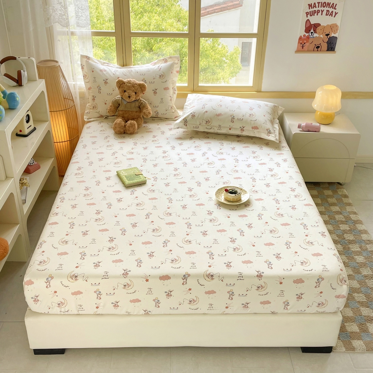 91家纺网 家纺一手货源 找家纺 豪选家纺 2025新款双层纱单层印花床笠 弯弯月亮兔