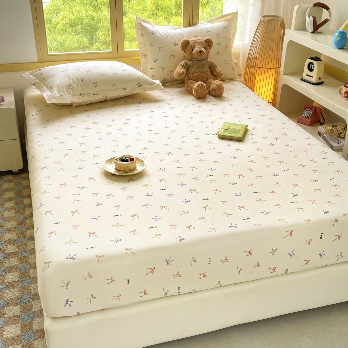 91家纺网 家纺一手货源 找家纺 豪选家纺 2025新款双层纱单层印花床笠 七彩蝴蝶结