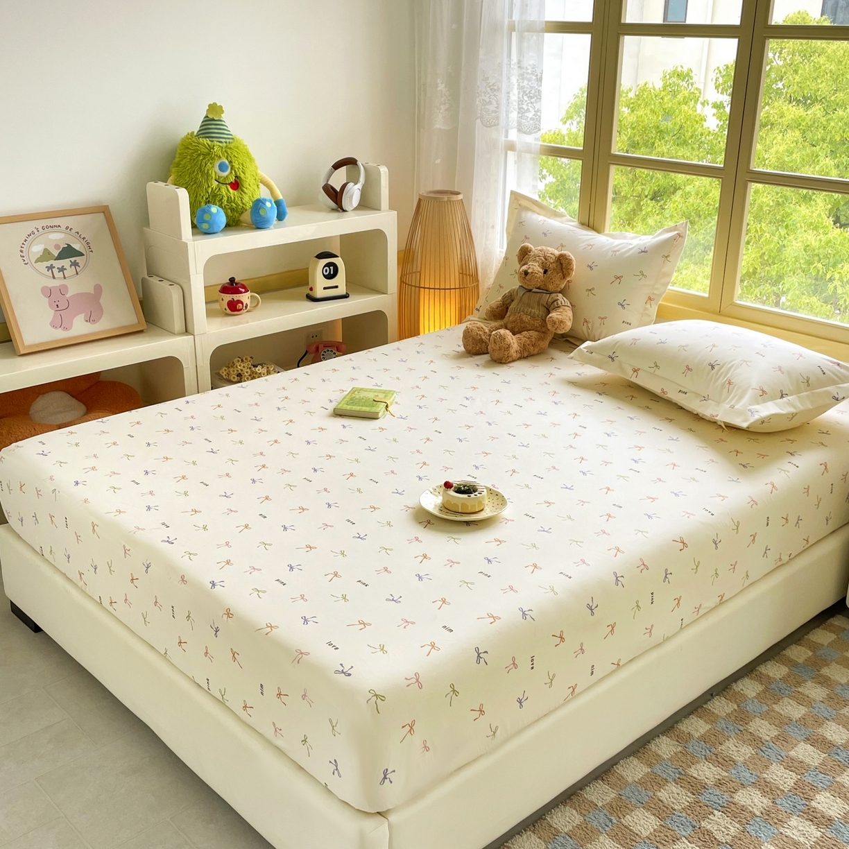 91家纺网 家纺一手货源 找家纺 豪选家纺 2025新款双层纱单层印花床笠 七彩蝴蝶结