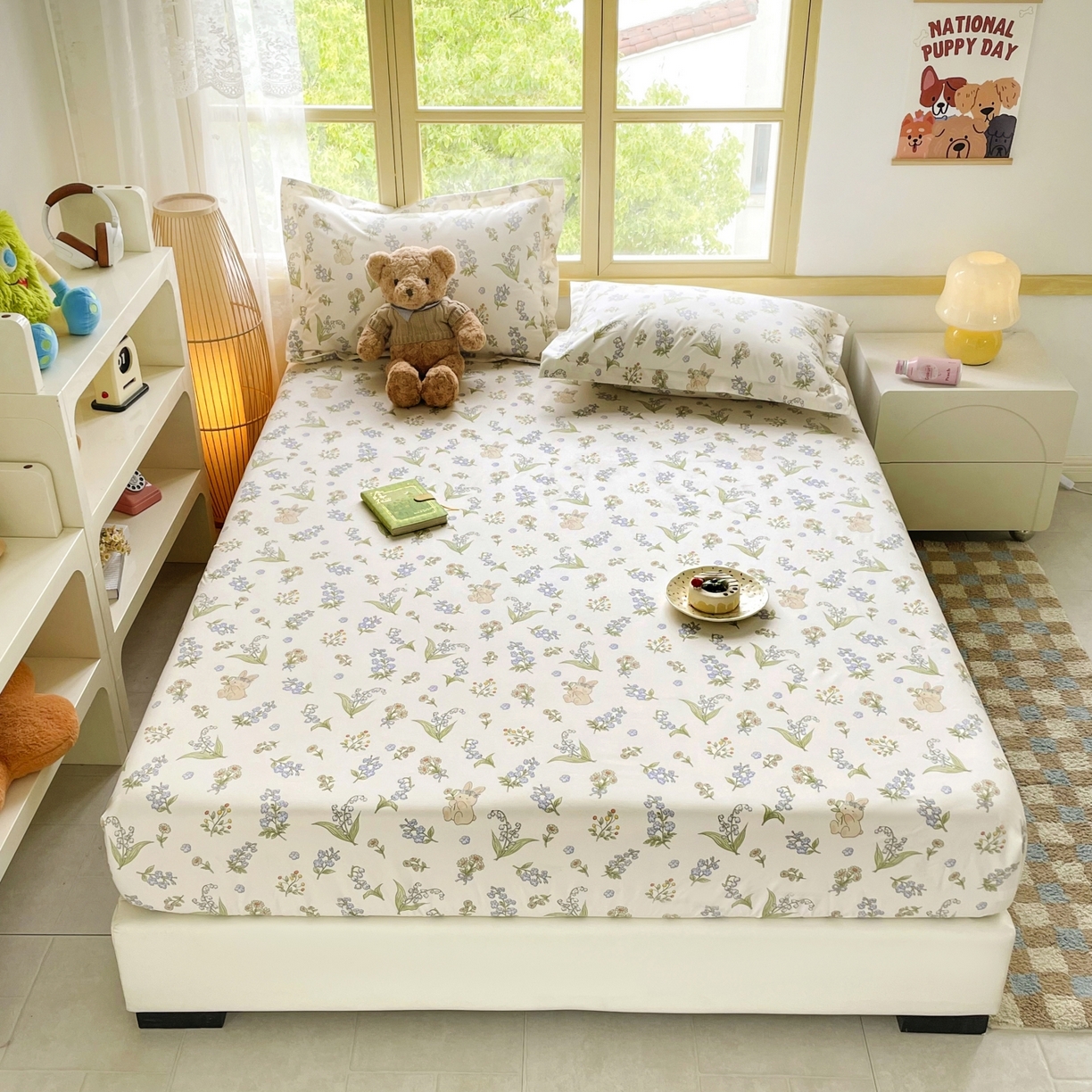 91家纺网 家纺一手货源 找家纺 豪选家纺 2025新款双层纱单层印花床笠 花间迷小兔